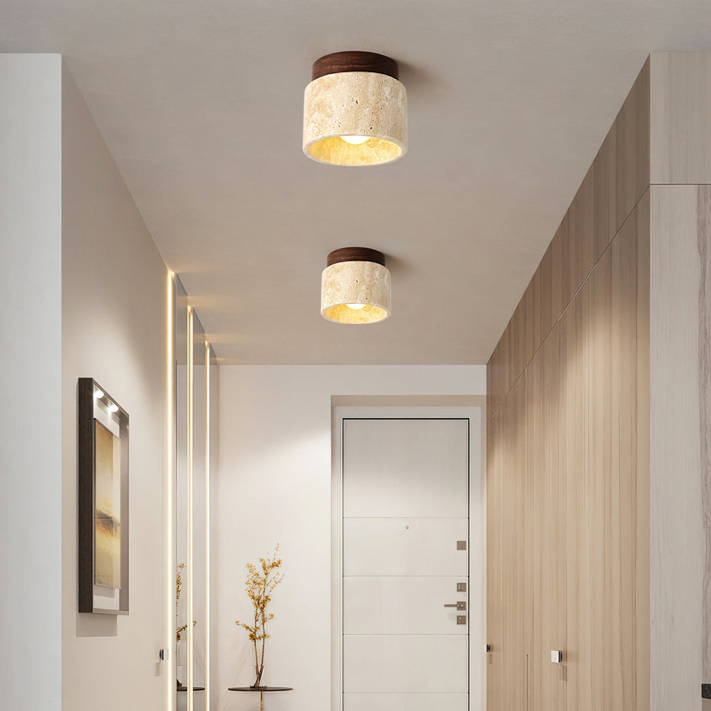 Japandi Downlight – Minimalistische Verlichting van Travertijn voor Elegante Sfeer in Huis